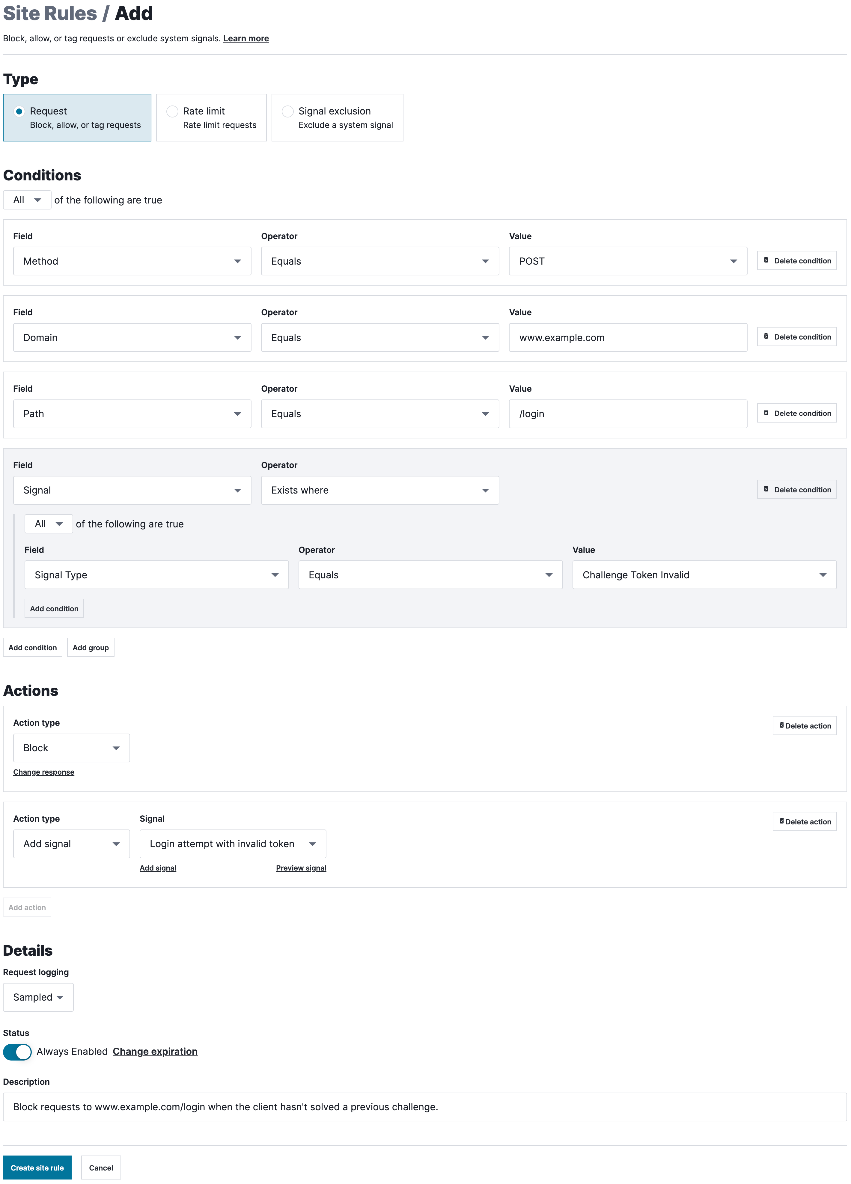 A request rule designed to block requests to www.example.com/login when the client hasn't solved a previous challenge.